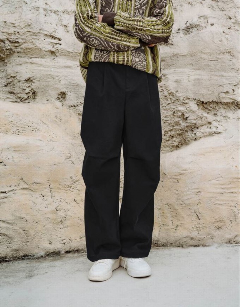 Black Urban Revivo Wide-Leg Men's Pants | QOKCTZ-452