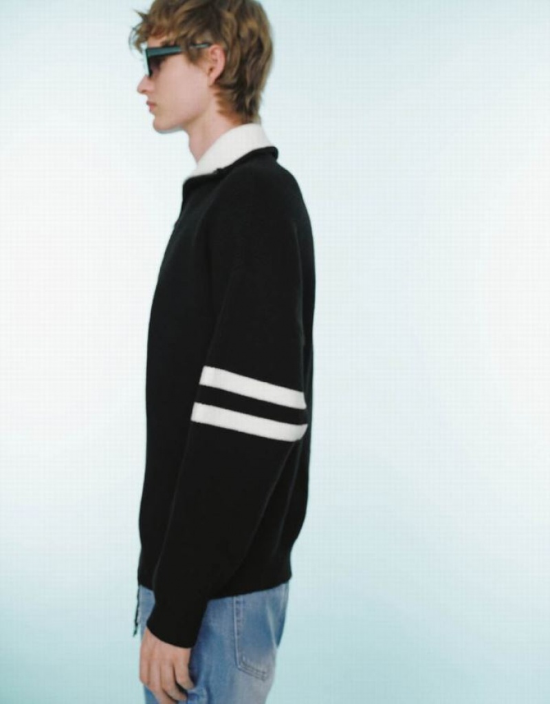 Black Urban Revivo Zip Half Placked Knitted Men's Cardigan | RISBDE-239