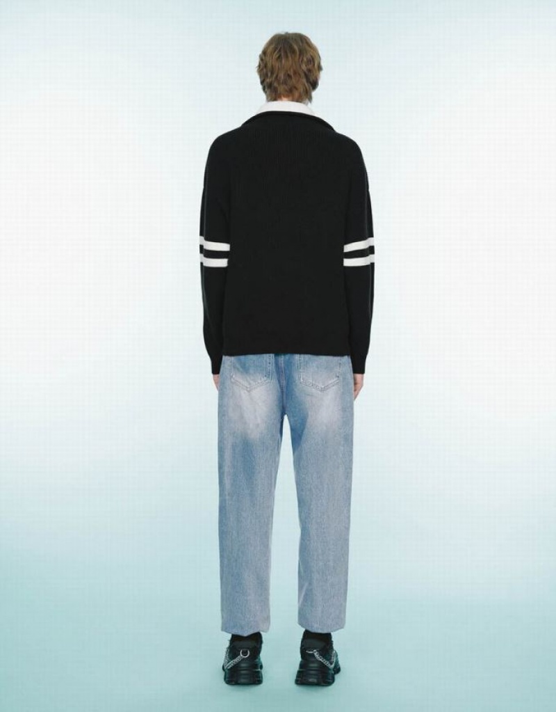 Black Urban Revivo Zip Half Placked Knitted Men's Cardigan | RISBDE-239