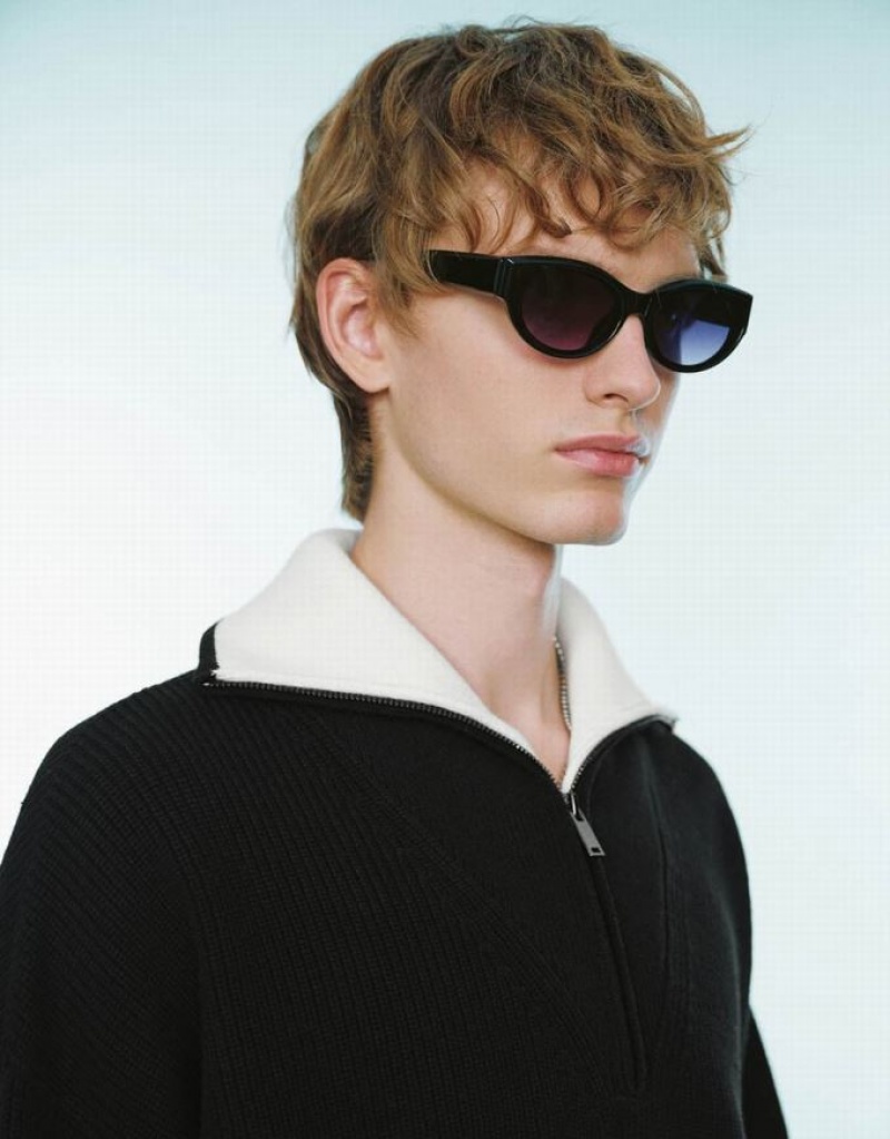 Black Urban Revivo Zip Half Placked Knitted Men's Cardigan | RISBDE-239