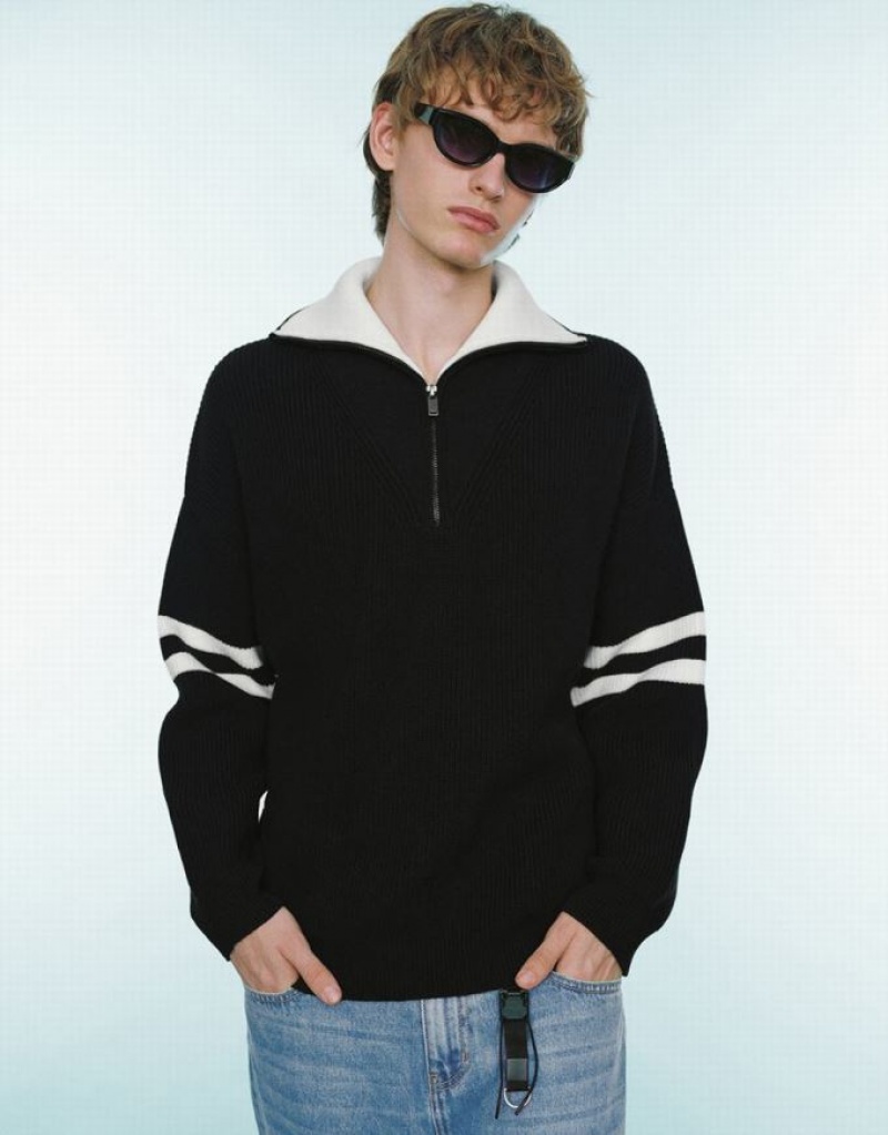 Black Urban Revivo Zip Half Placked Knitted Men\'s Cardigan | RISBDE-239