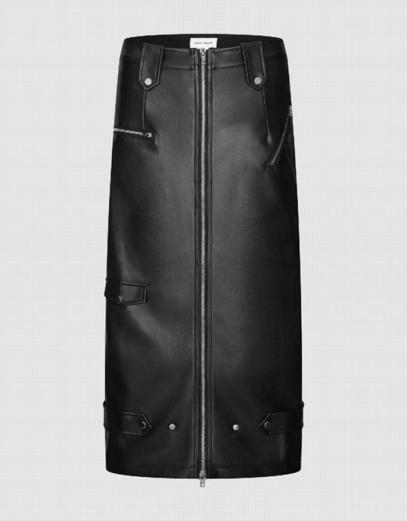 Black Urban Revivo Zip Up Midi Vegan Leather Women\'s Skirts | WCSLVT-598
