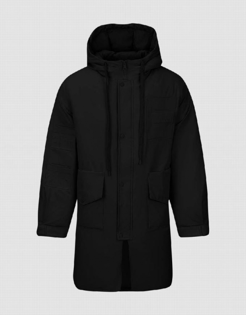 Black Urban Revivo Zipper Front Hooded Men's Down Jackets | YIXGBE-283