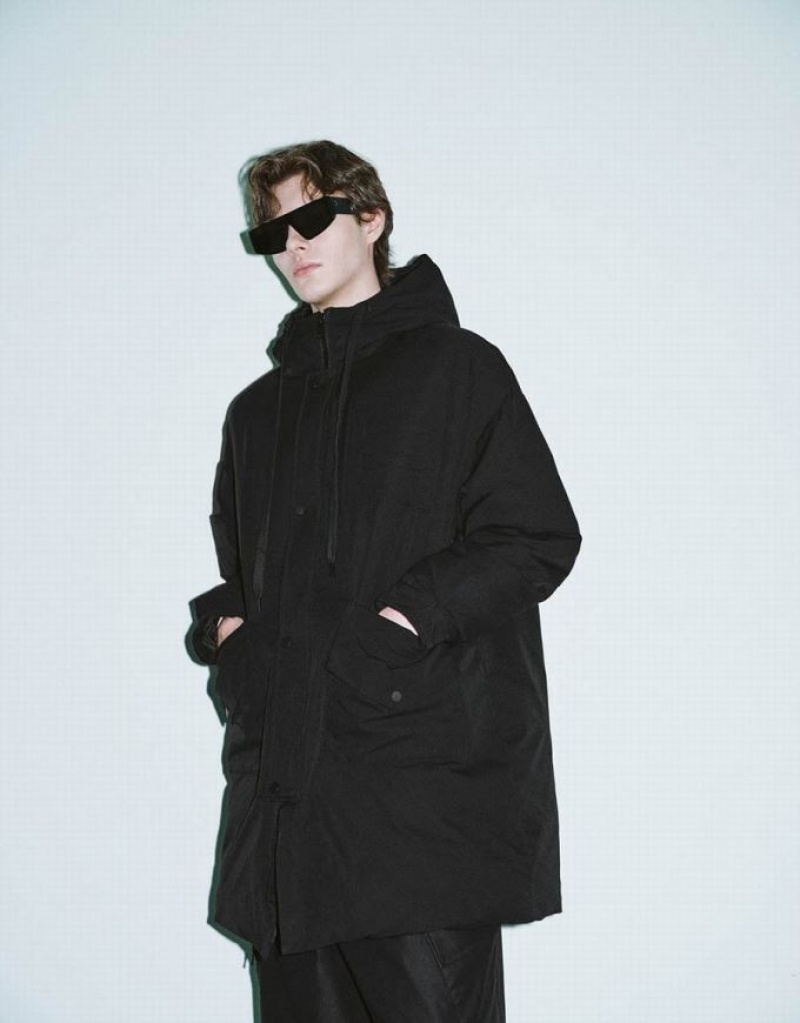 Black Urban Revivo Zipper Front Hooded Men's Down Jackets | YIXGBE-283