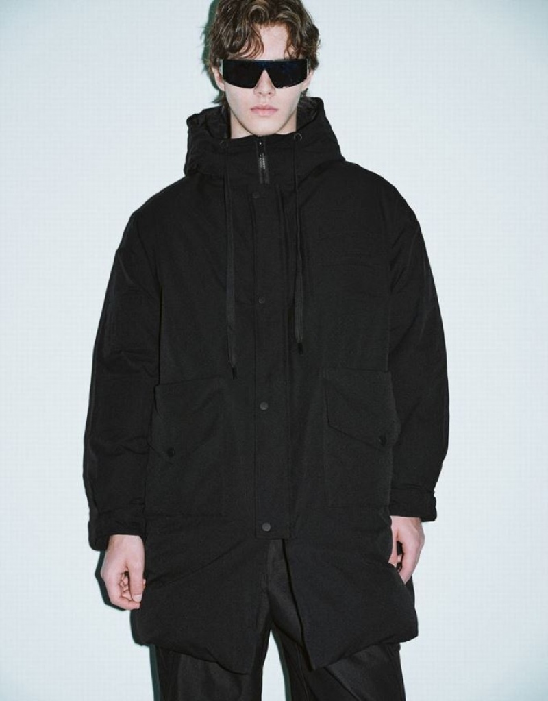 Black Urban Revivo Zipper Front Hooded Men\'s Down Jackets | YIXGBE-283