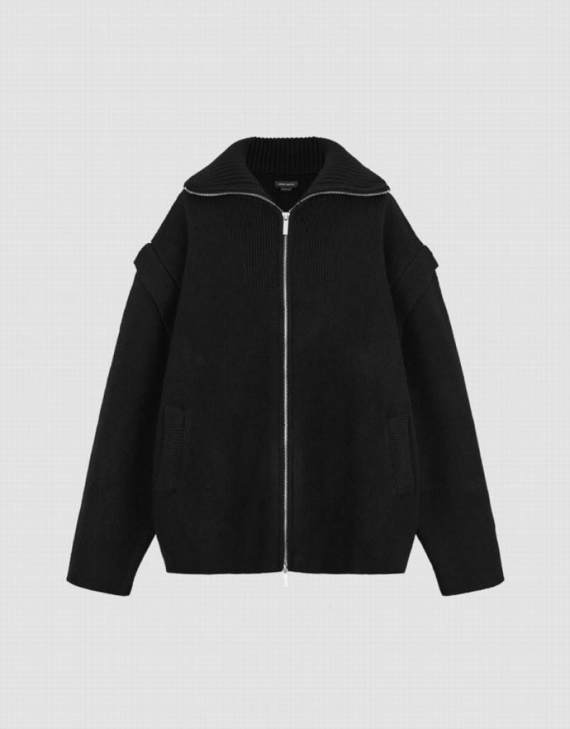 Black Urban Revivo Zipper Front Knitted Women's Cardigan | XYHVFU-680