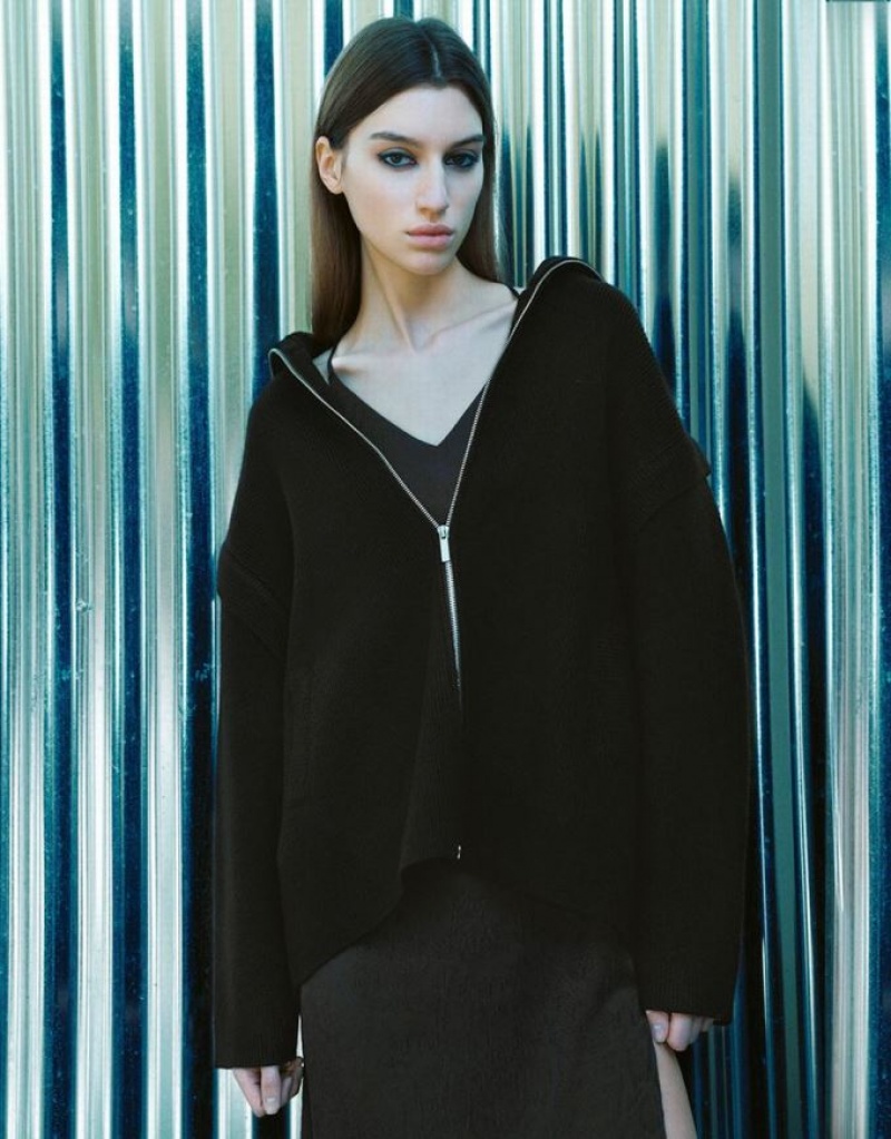 Black Urban Revivo Zipper Front Knitted Women\'s Cardigan | XYHVFU-680