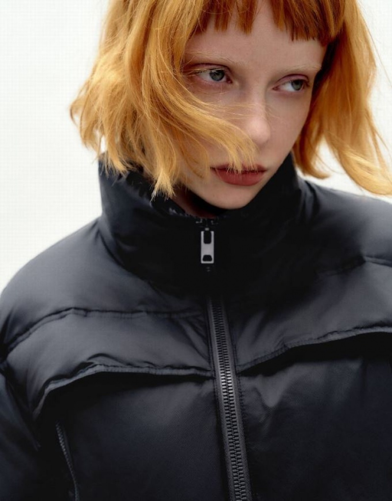 Black Urban Revivo Zipper Front Stand Collar Women's Puffer Jacket | JEIYRN-671