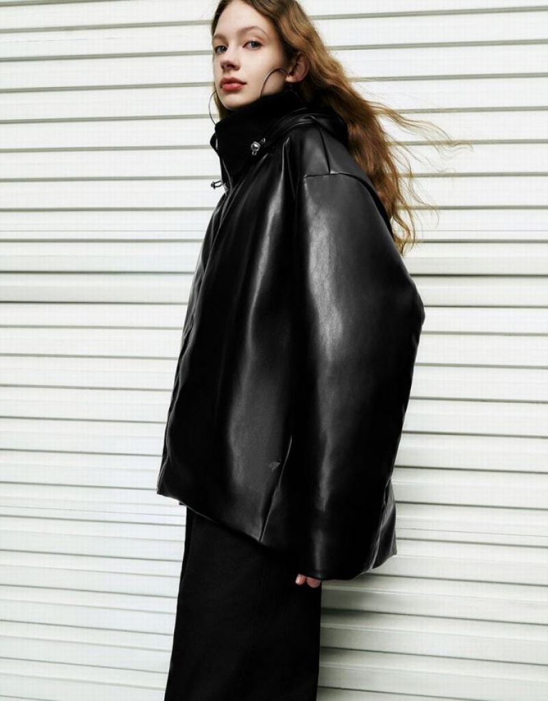 Black Urban Revivo Zipper Front Vegan Leather Women's Down Jackets | RFPQKV-327