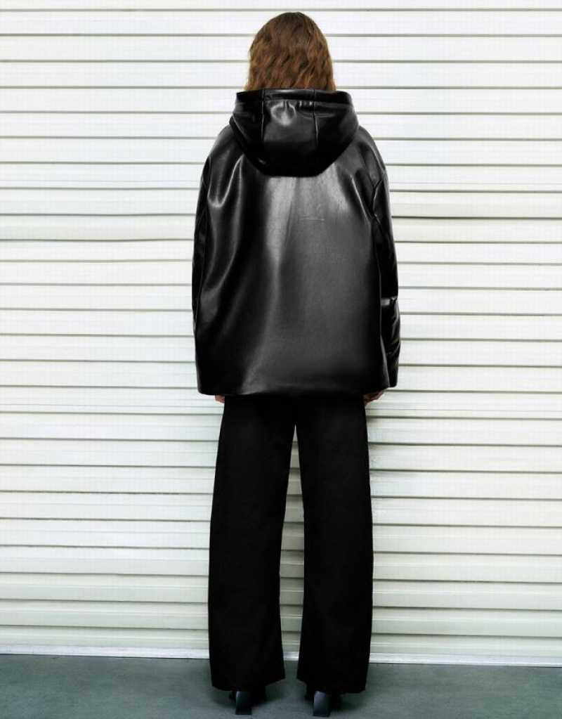 Black Urban Revivo Zipper Front Vegan Leather Women's Down Jackets | RFPQKV-327