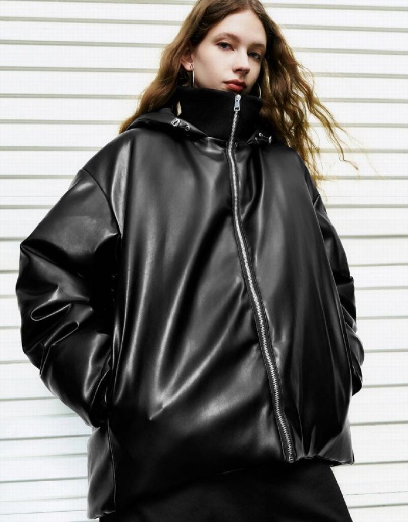 Black Urban Revivo Zipper Front Vegan Leather Women\'s Down Jackets | RFPQKV-327