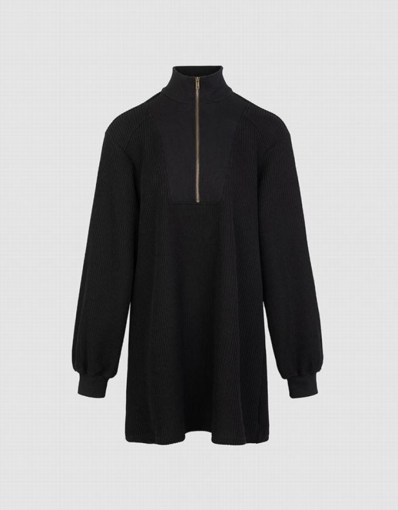 Black Urban Revivo Zippered Stand Collar Women\'s Knitted Dress | XJAOIH-127