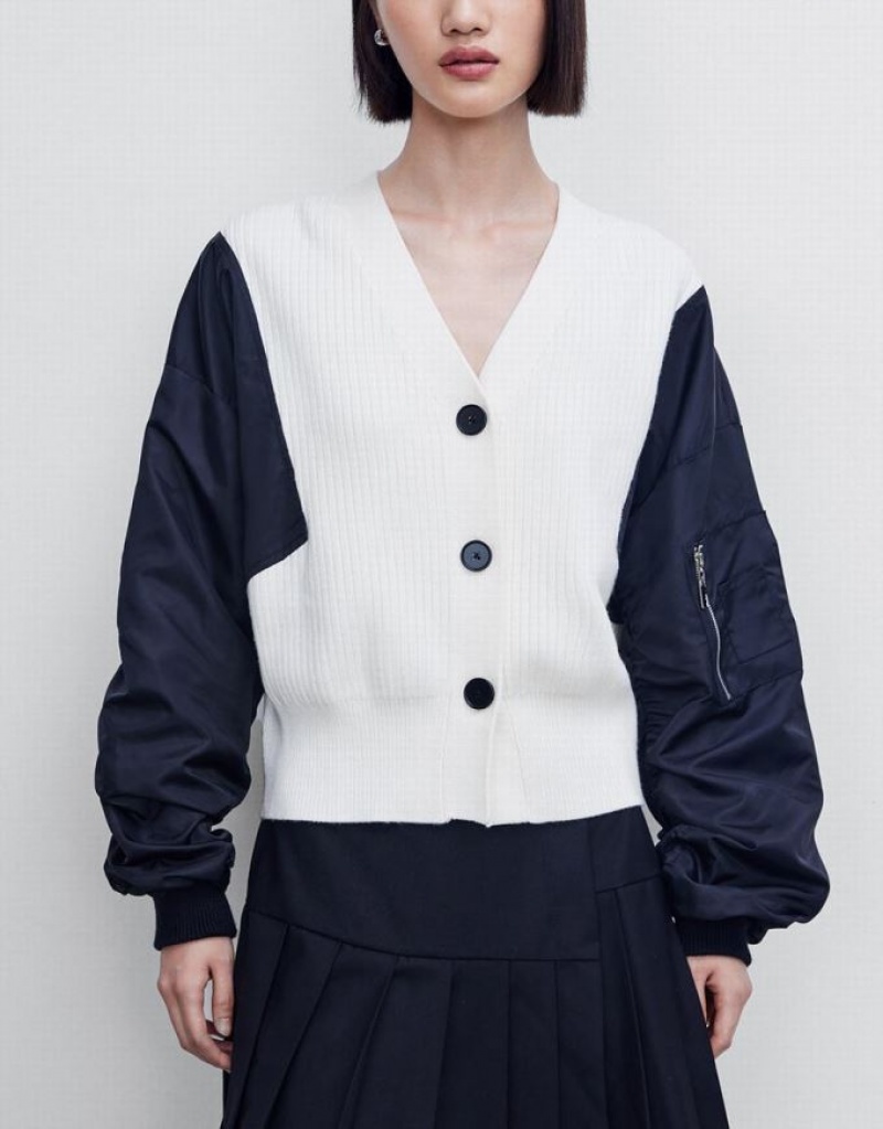 Black / White Urban Revivo Two Toned V-Neck Knitted Women's Cardigan | ZEUJLP-657