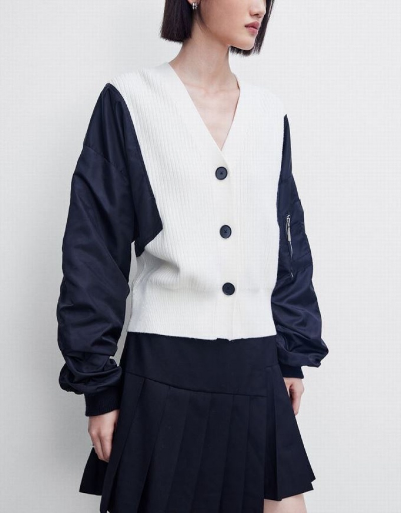Black / White Urban Revivo Two Toned V-Neck Knitted Women's Cardigan | ZEUJLP-657