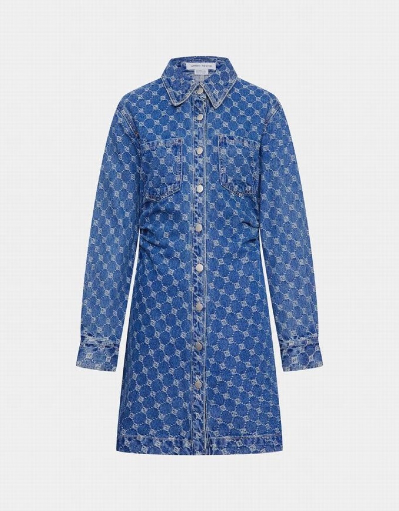 Blue Urban Revivo Allover Jacquard Ruched Button Up Women\'s Denim Dress | JRKPCZ-089