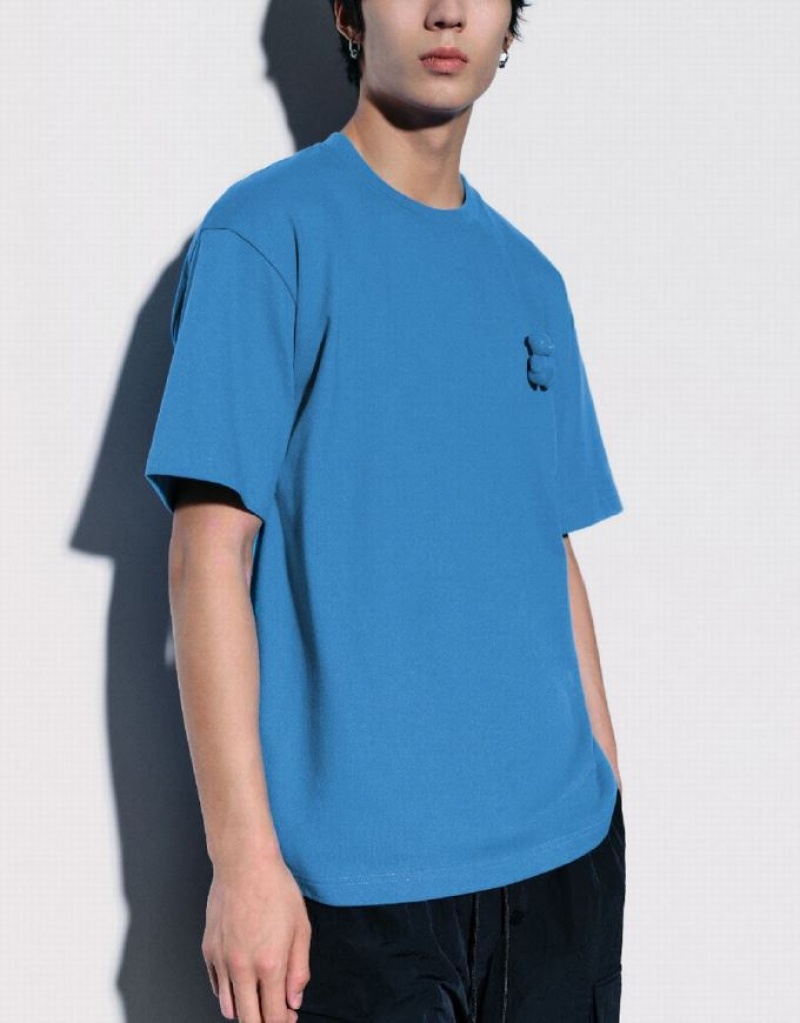 Blue Urban Revivo Bear Detail Crew Neck Men's T-Shirts | WRQXYI-493