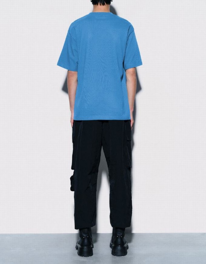 Blue Urban Revivo Bear Detail Crew Neck Men's T-Shirts | WRQXYI-493