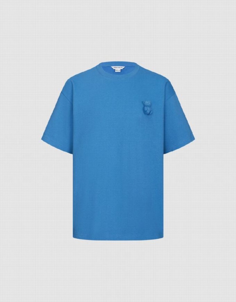 Blue Urban Revivo Bear Detail Crew Neck Men\'s T-Shirts | WRQXYI-493