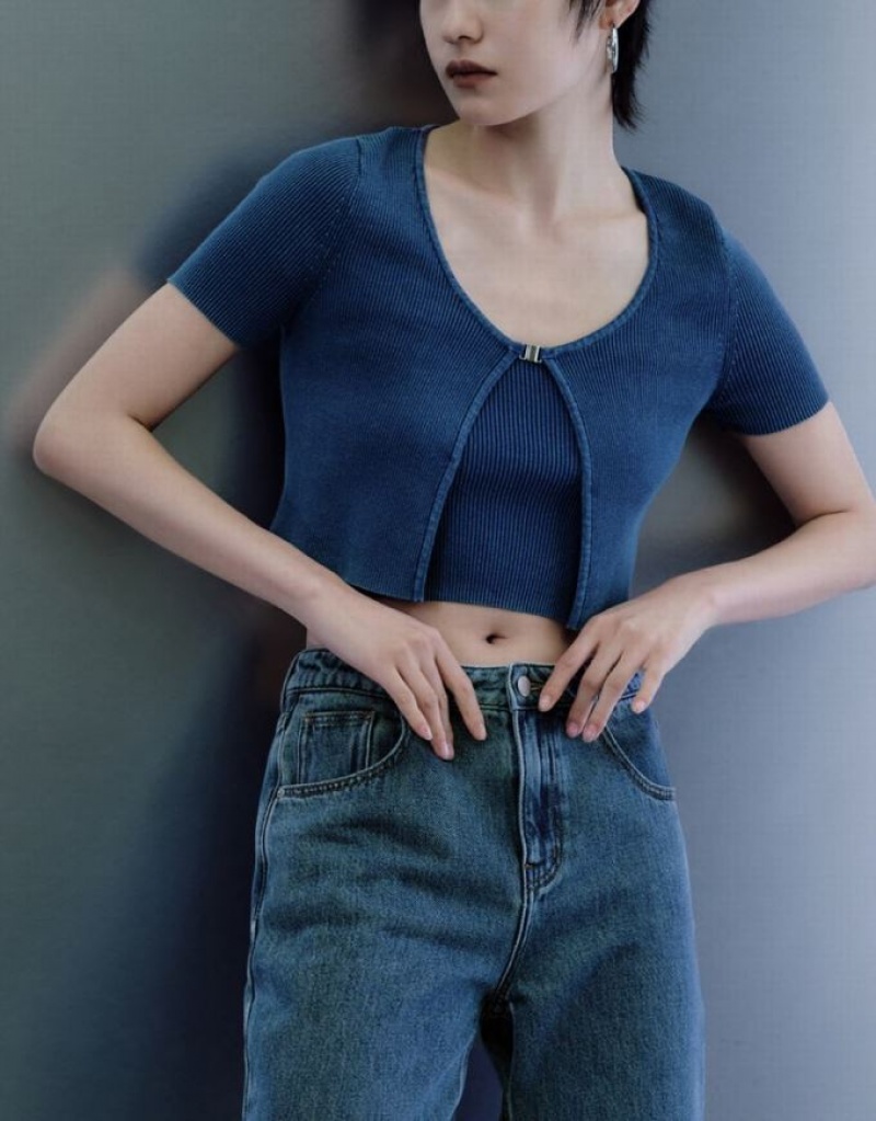 Blue Urban Revivo Buckled Knitted Women's Cardigan | GHLMKS-984