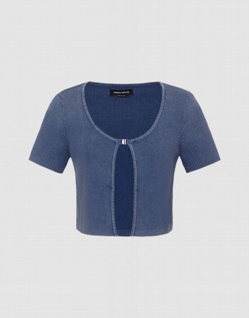 Blue Urban Revivo Buckled Knitted Women\'s Cardigan | GHLMKS-984