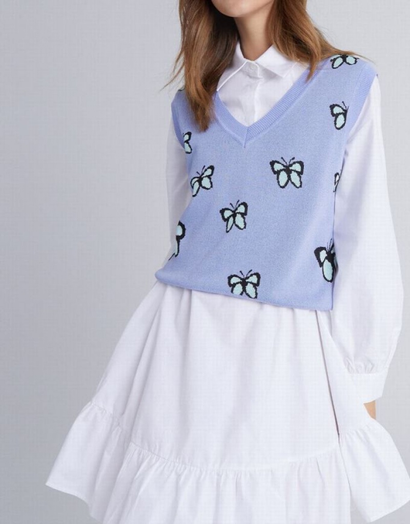 Blue Urban Revivo Butterfly Jacquard V Neck Women's Sweater Vest | SQFUXD-542