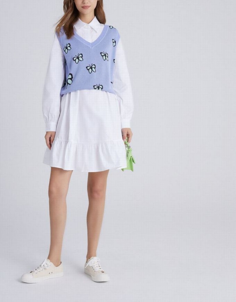Blue Urban Revivo Butterfly Jacquard V Neck Women's Sweater Vest | SQFUXD-542