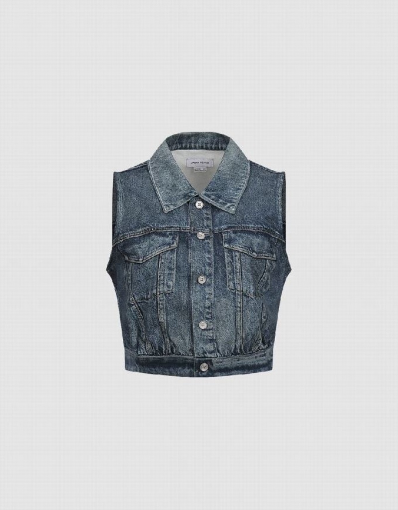 Blue Urban Revivo Button Up Denim Waistcoat Women's Shirts | AZYDOV-182