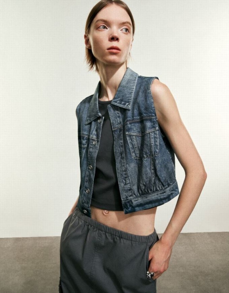 Blue Urban Revivo Button Up Denim Waistcoat Women's Shirts | AZYDOV-182