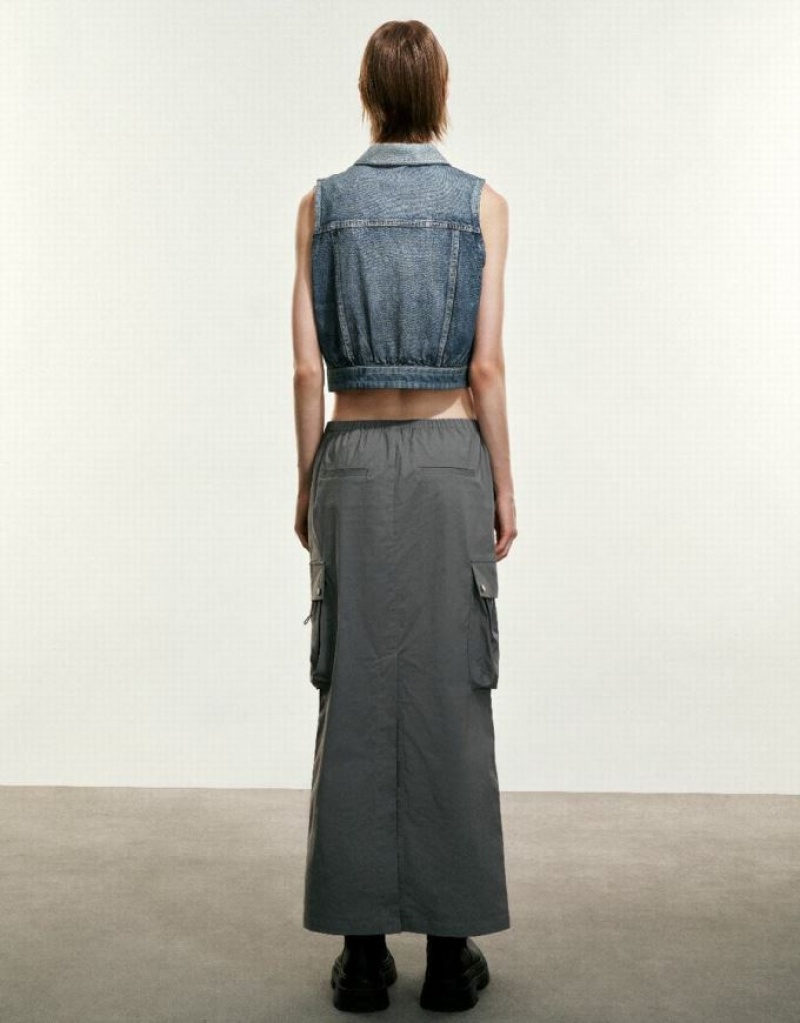 Blue Urban Revivo Button Up Denim Waistcoat Women's Shirts | AZYDOV-182