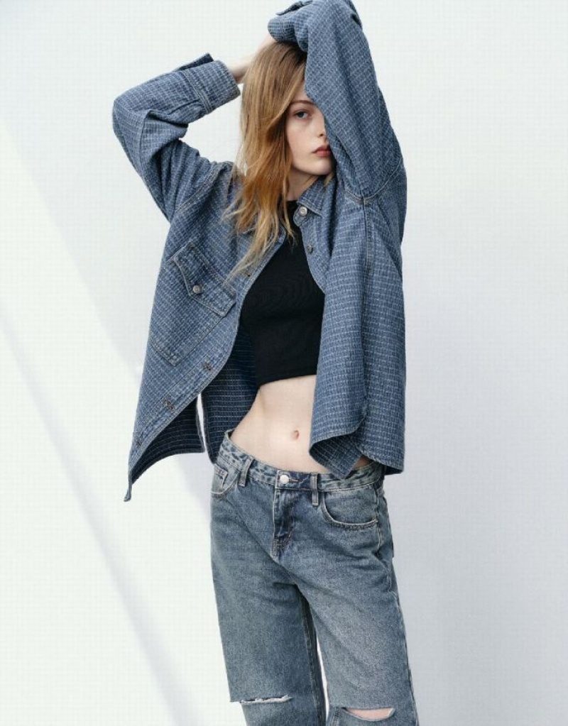 Blue Urban Revivo Button Up Denim Women's Shirts | ASDWMV-915