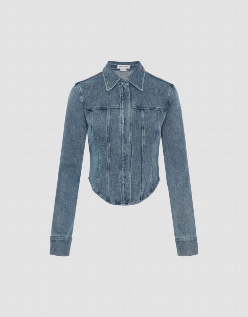 Blue Urban Revivo Button Up Skinny Denim Women's Shirts | AVJSOM-609