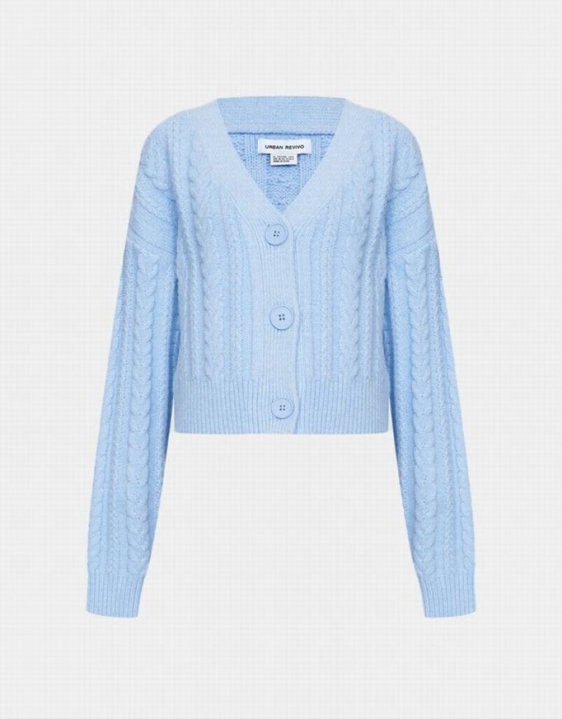 Blue Urban Revivo Cable Knit Button Up Women\'s Cardigan | RGPBFJ-397