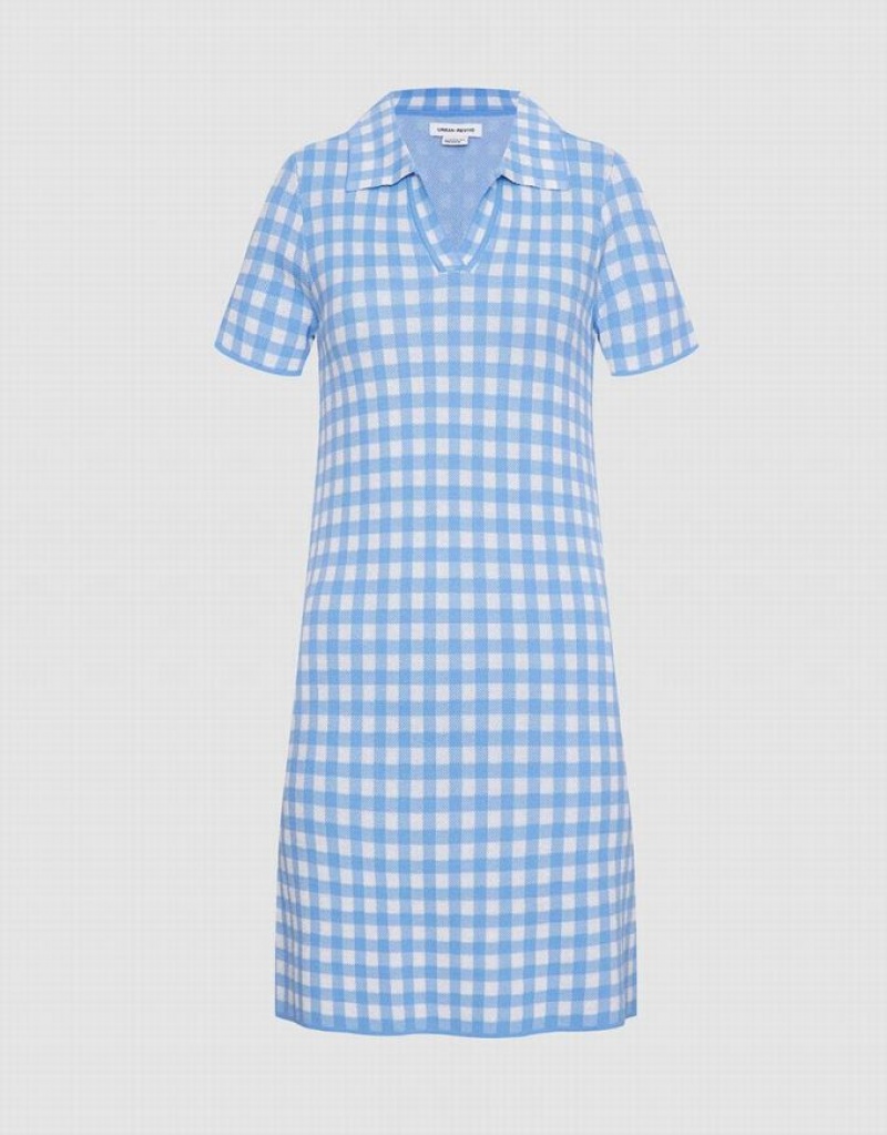 Blue Urban Revivo Checkered Mini Women\'s Knitted Dress | CLDOPG-562