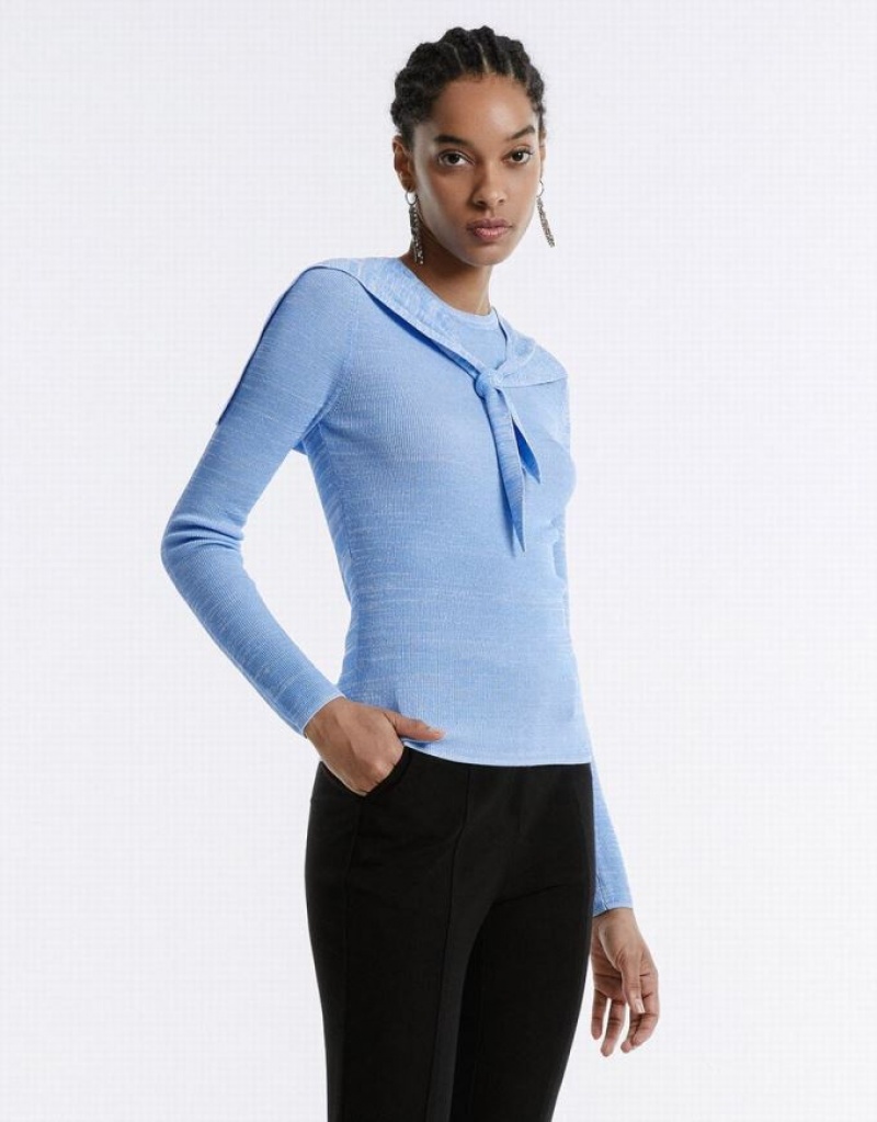 Blue Urban Revivo Combination Tie Front Knitted Top Women's Cardigan | JSUZKN-342