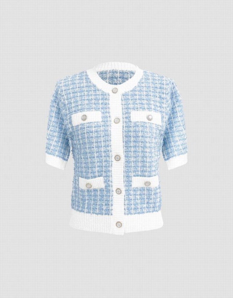 Blue Urban Revivo Crew Neck Knitted Women's Cardigan | LAKQFI-685