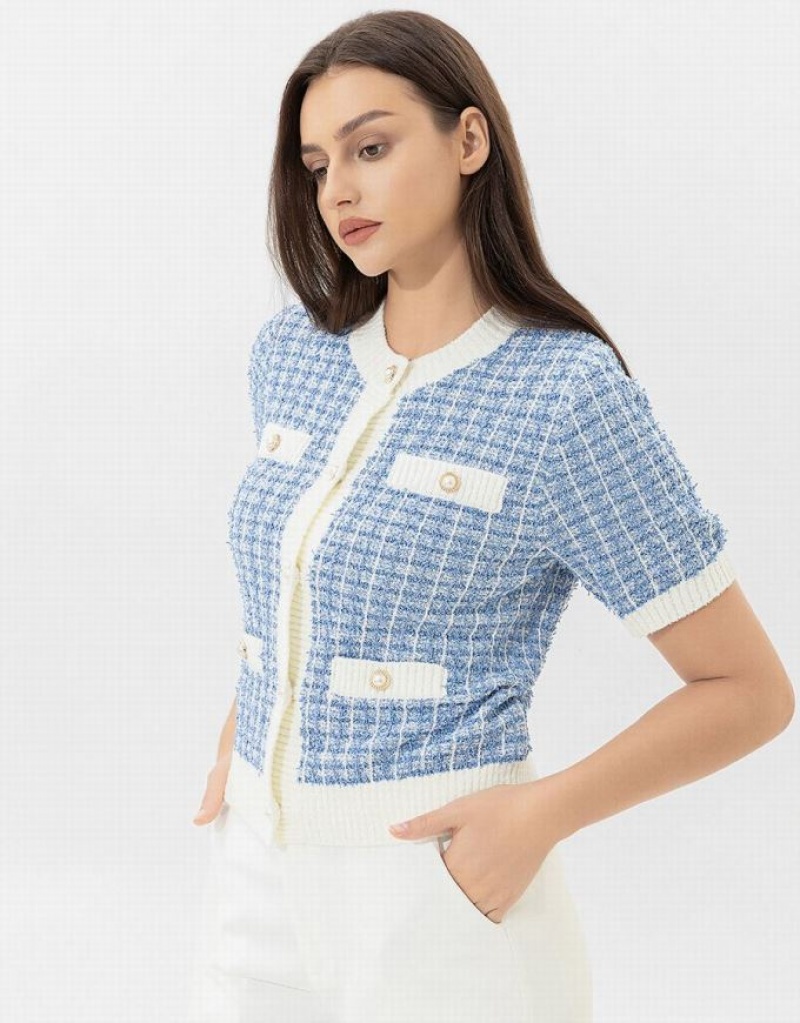 Blue Urban Revivo Crew Neck Knitted Women's Cardigan | LAKQFI-685