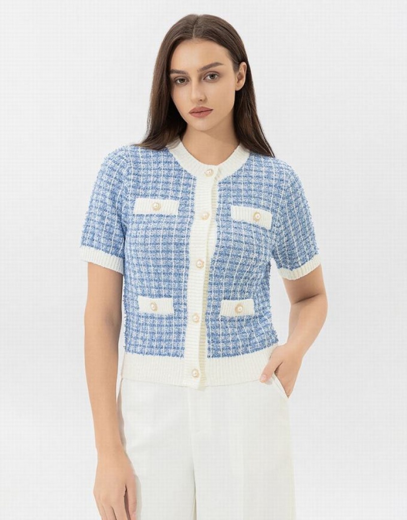 Blue Urban Revivo Crew Neck Knitted Women\'s Cardigan | LAKQFI-685