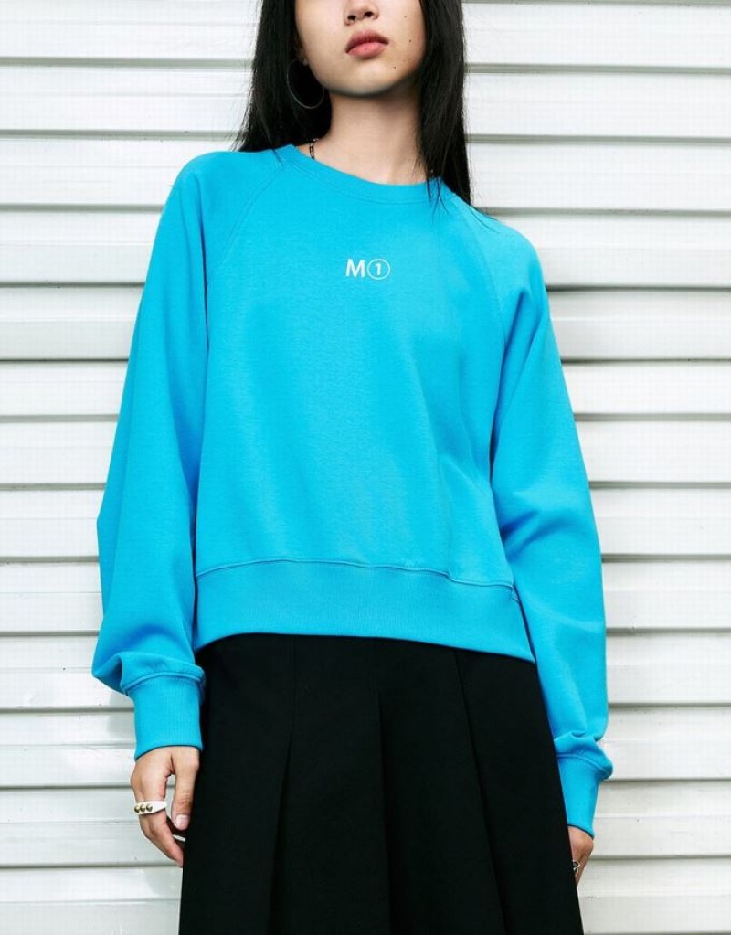 Blue Urban Revivo Crew Neck Loose Women's Sweatshirts | ZNXWDT-048