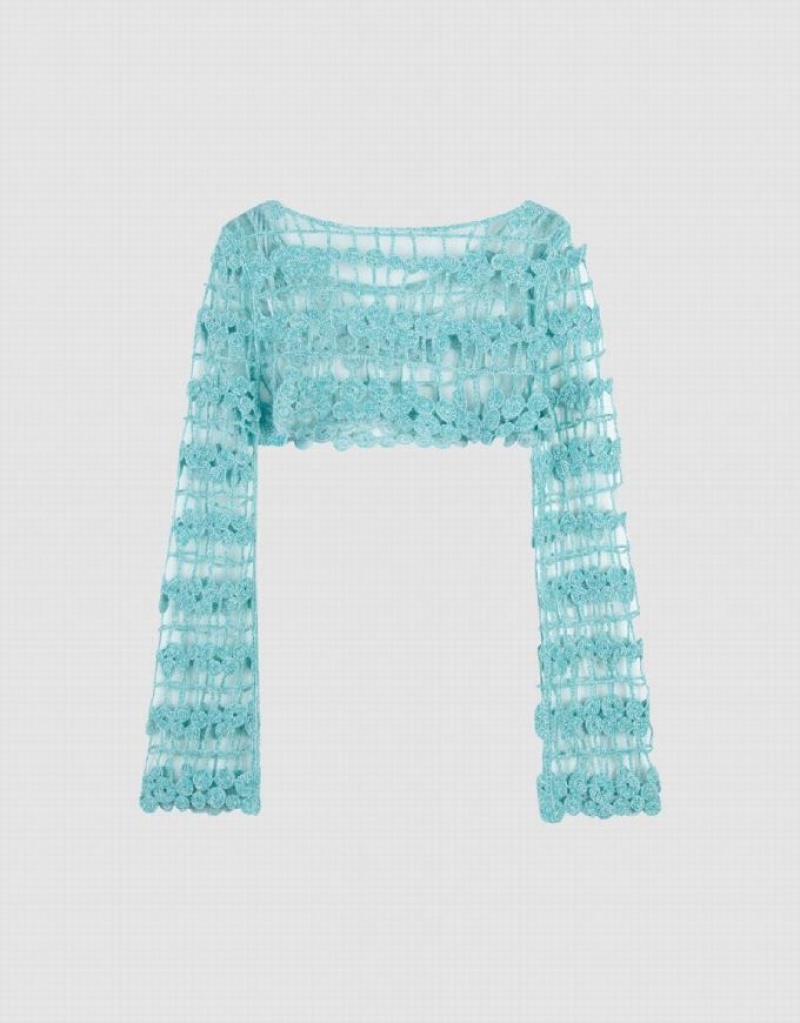 Blue Urban Revivo Crochet Knitted Women's Cardigan | XONWBR-643