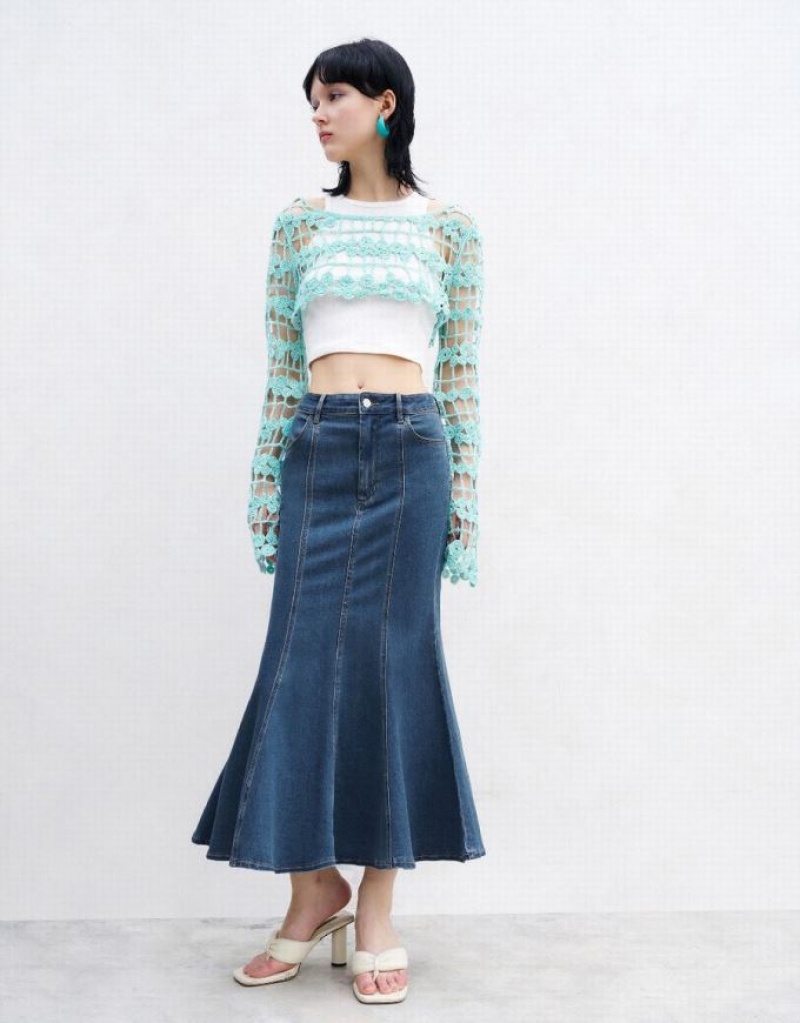Blue Urban Revivo Crochet Knitted Women's Cardigan | XONWBR-643