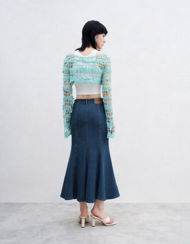 Blue Urban Revivo Crochet Knitted Women's Cardigan | XONWBR-643