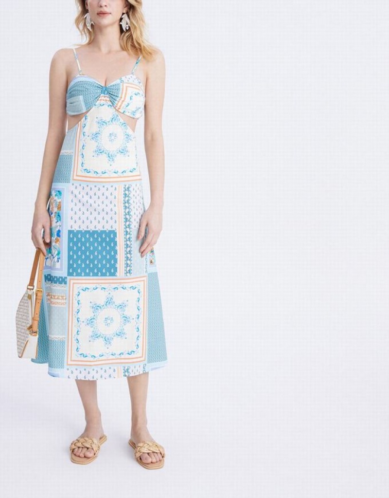 Blue Urban Revivo Cut Out Patchwork Midi Cami Women's Dress | YDVSPI-485