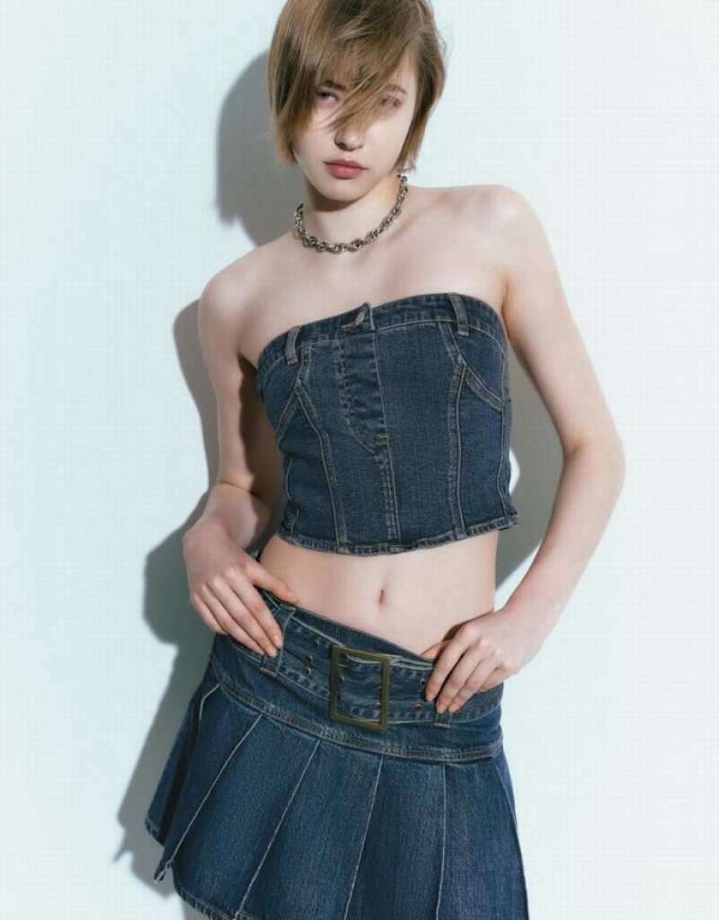 Blue Urban Revivo Denim Top Women's Shirts | WEOJIA-197