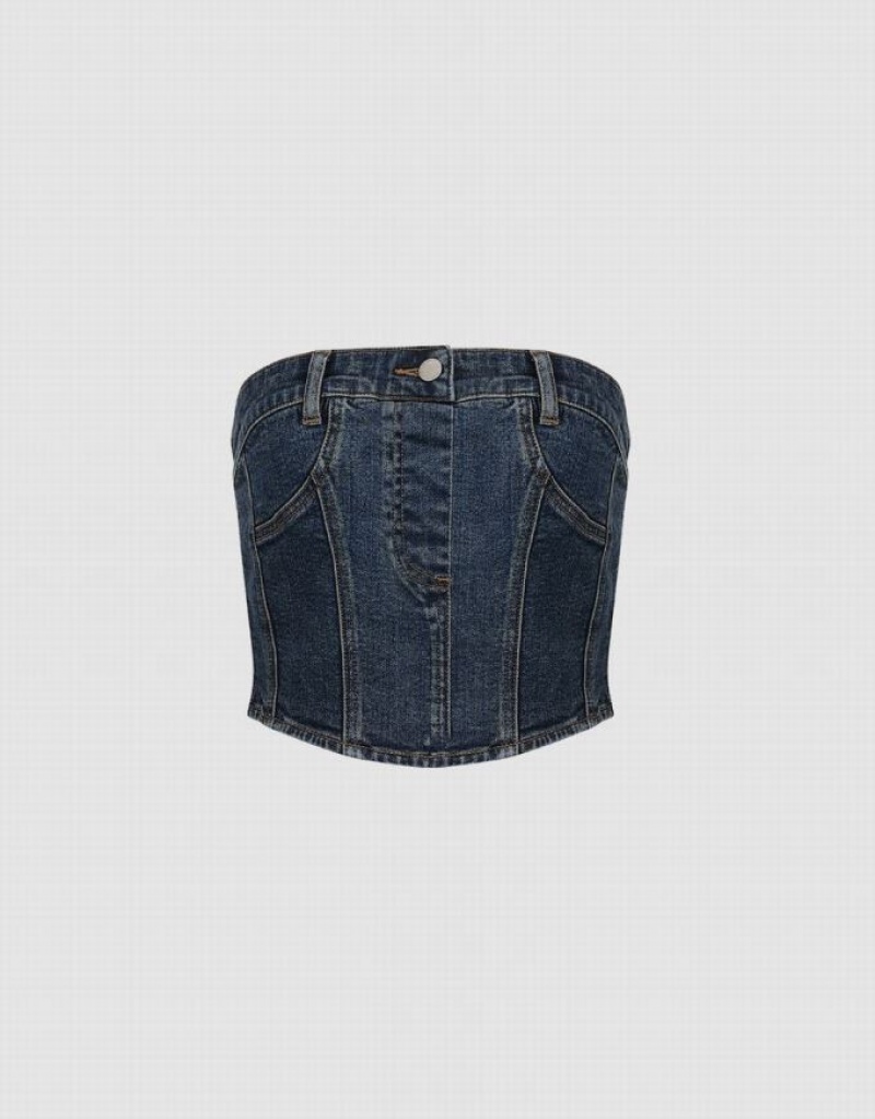 Blue Urban Revivo Denim Top Women\'s Shirts | WEOJIA-197