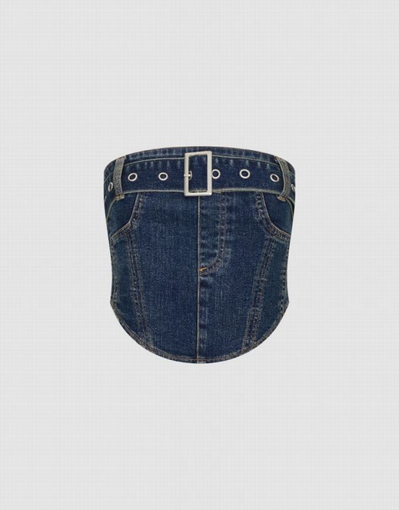 Blue Urban Revivo Denim Top Women\'s Shirts | MNVHBW-281