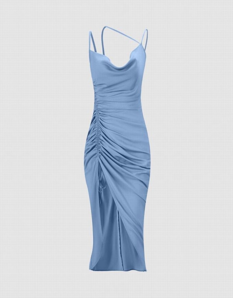 Blue Urban Revivo Draped Midi Women's Midi Dress | RSQBGU-168