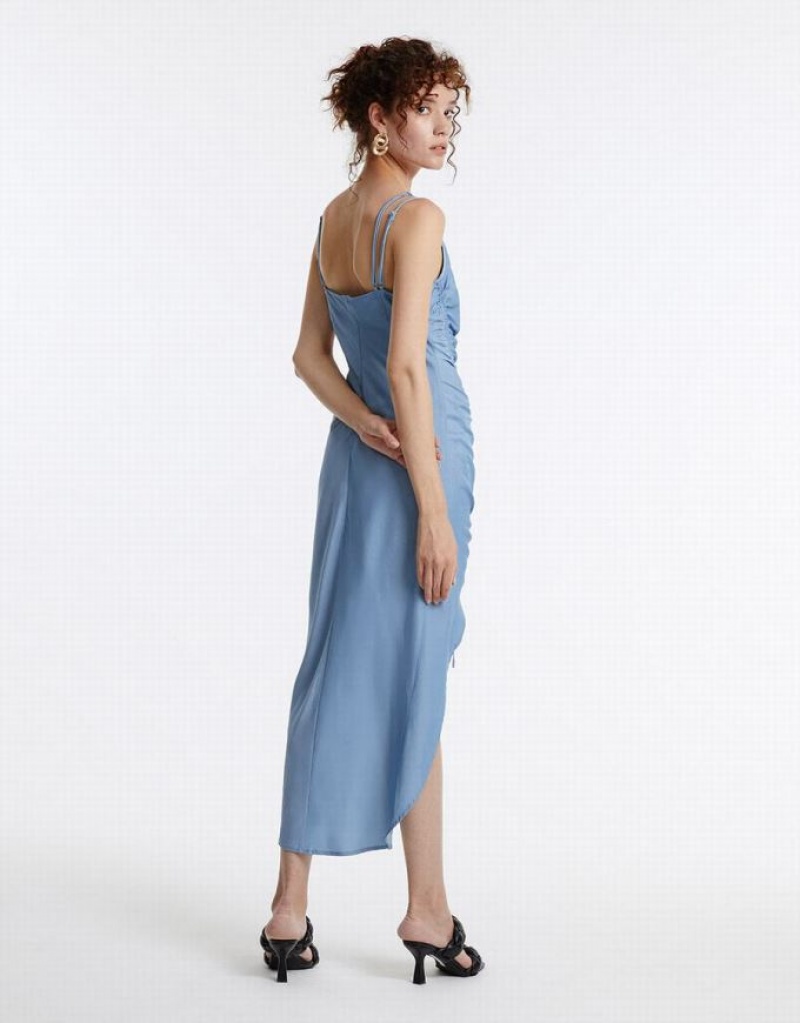 Blue Urban Revivo Draped Midi Women's Midi Dress | RSQBGU-168