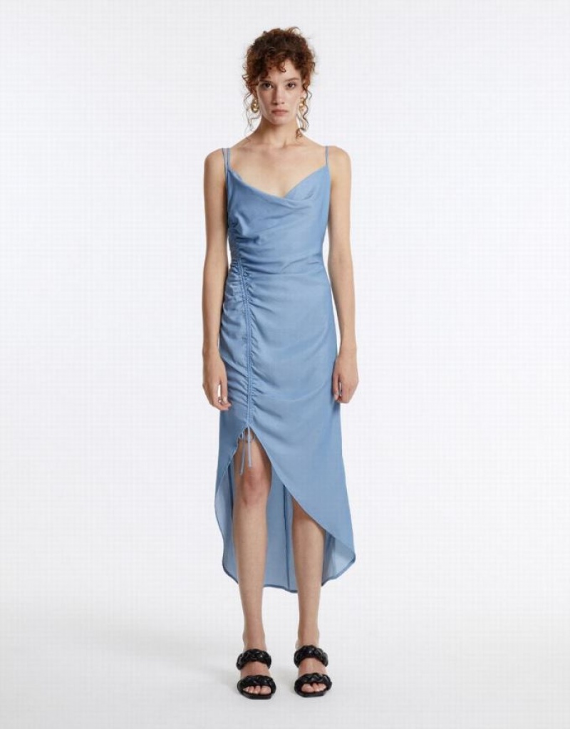 Blue Urban Revivo Draped Midi Women\'s Midi Dress | RSQBGU-168