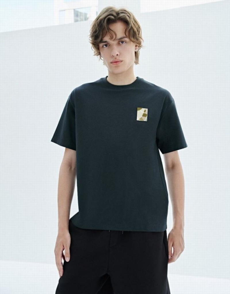 Blue Urban Revivo Drop Shoulder Sleeve Crew Neck Men\'s T-Shirts | FJTCMY-195