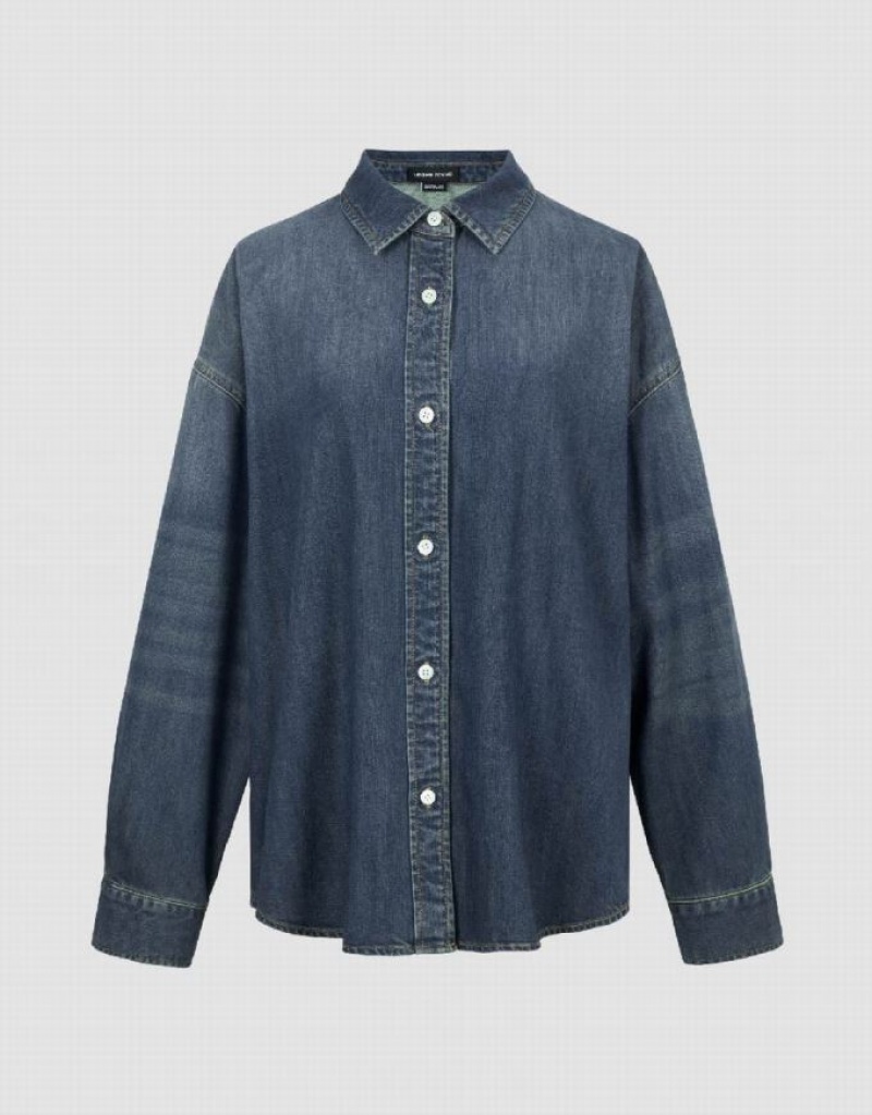 Blue Urban Revivo Drop Shoulder Sleeve Lapel Denim Women's Shirts | ICXRPQ-094